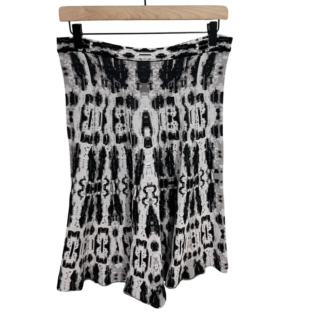 BCBGMaxazria Albie Black & Gray Silk Midi A-Line Skirt Size Large